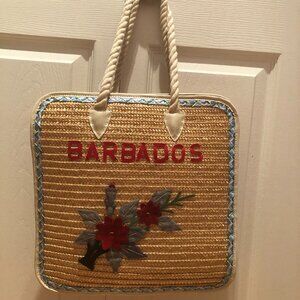 Vintage Barbados Straw Tote Bag Floral Embroidered Souvenir Rope Handle Purse